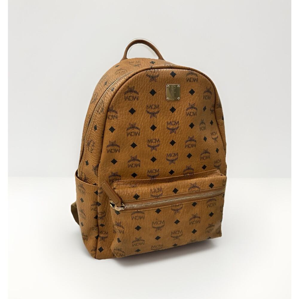 Authenticated MCM Stark Visetos Cognac Medium Backpack Brown Leather Bag COA
